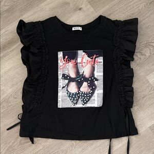 Cute Black Ruffle Sleeve Graphic Tee